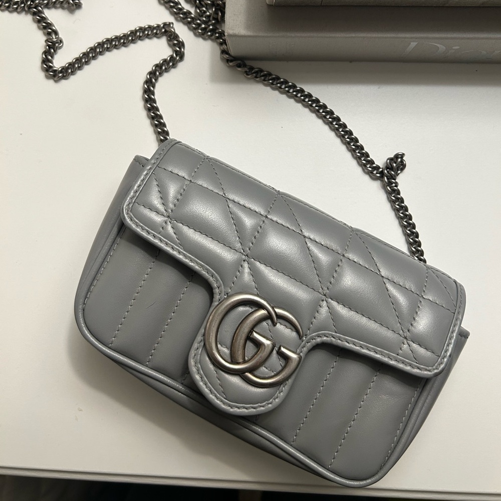 Practically new Gucci Calfskin Aria Super Mini GG Marmont Shoulder Bag Deep Grey
